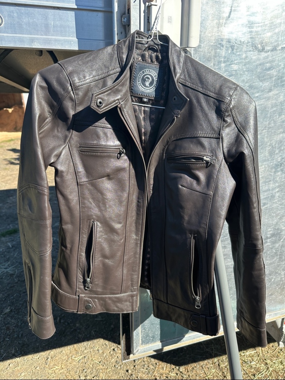 Men's Dark Brown Leather Bomber Jacket with Zip Pockets